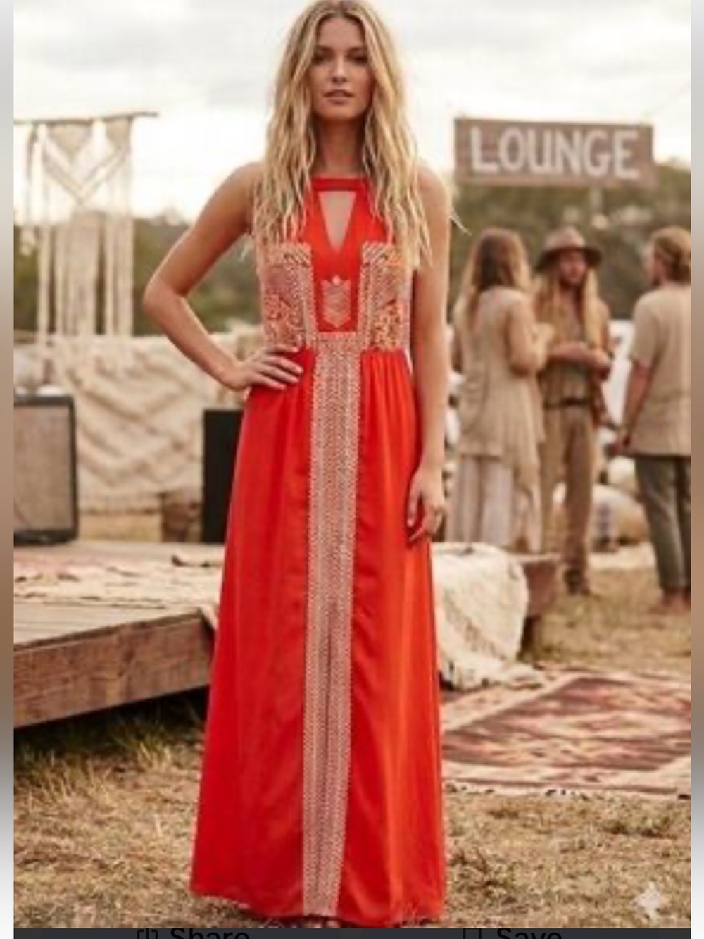 THML Red Maxi Dress with White Embroidered Panels
